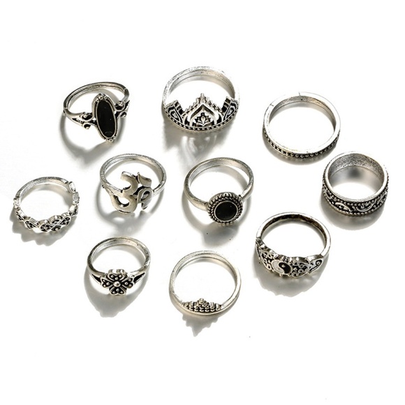 **GIADA* 10-Pc Silver x Black Gemstone Ring Set - Picture 4 of 5